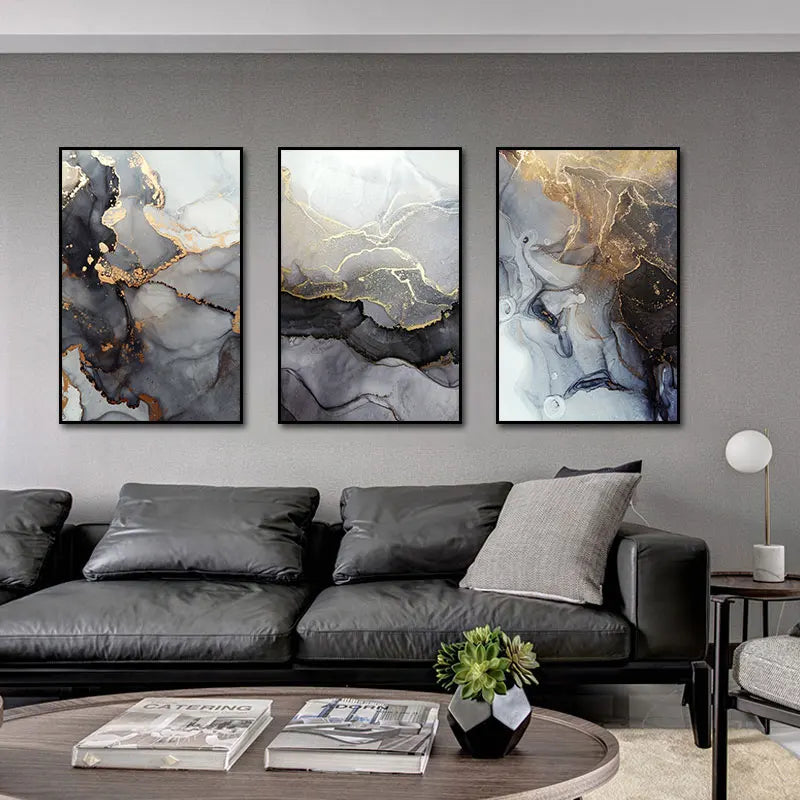 Abstract Grey Golden Veined Marble Print Wall Art Fine Art Canvas Prints Posters Pictures For Modern Apartment Living Room Art Decoration