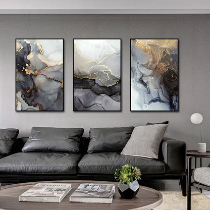 Abstract Grey Golden Veined Marble Print Wall Art Fine Art Canvas Prints Posters Pictures For Modern Apartment Living Room Art Decoration