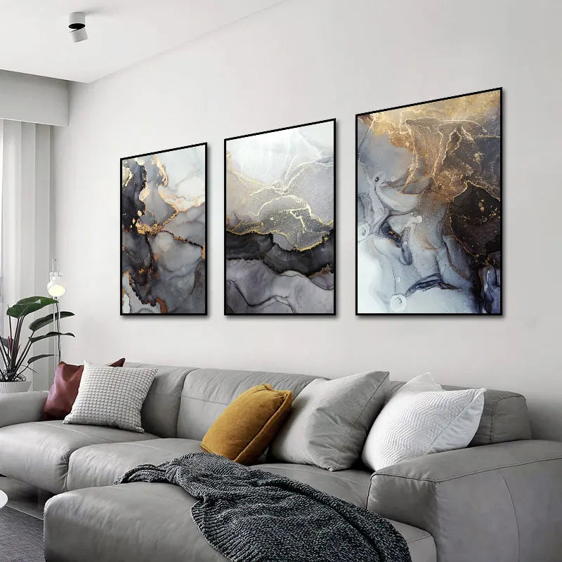 Abstract Grey Golden Veined Marble Print Wall Art Fine Art Canvas Prints Posters Pictures For Modern Apartment Living Room Art Decoration