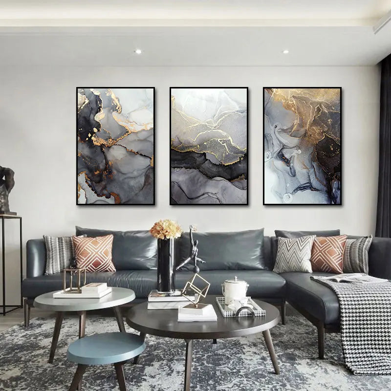 Abstract Grey Golden Veined Marble Print Wall Art Fine Art Canvas Prints Posters Pictures For Modern Apartment Living Room Art Decoration