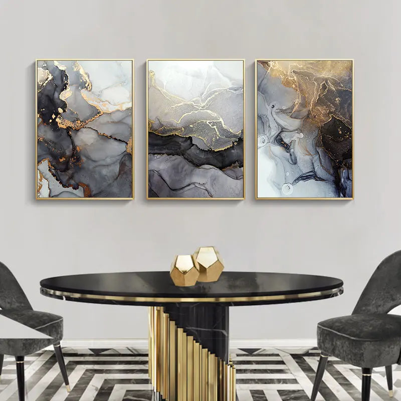 Abstract Grey Golden Veined Marble Print Wall Art Fine Art Canvas Prints Posters Pictures For Modern Apartment Living Room Art Decoration