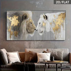 Two lions with gold accents on a wall above a sofa.