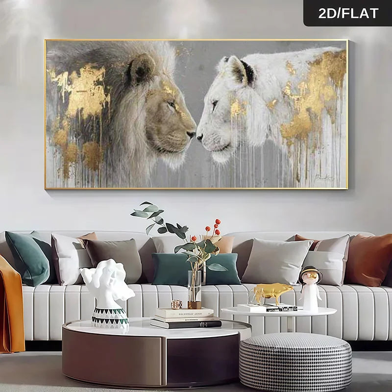 Living room with a large abstract painting of two lions on the wall.