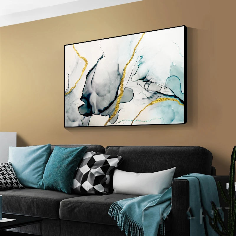 Abstract Grey Jade Green Golden Marble Print Abstract Wall Art Fine Art Canvas Prints Pictures For Modern Living Room Home Office Art Decor