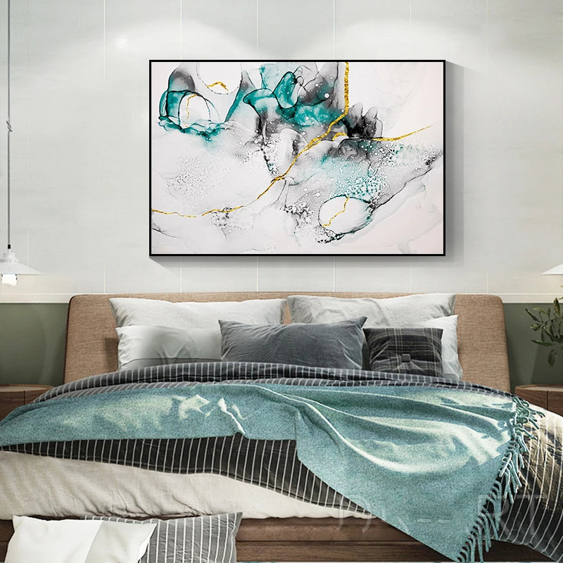 Abstract Grey Jade Green Golden Marble Print Abstract Wall Art Fine Art Canvas Prints Pictures For Modern Living Room Home Office Art Decor