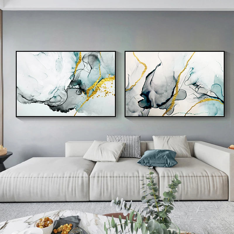 Abstract Grey Jade Green Golden Marble Print Abstract Wall Art Fine Art Canvas Prints Pictures For Modern Living Room Home Office Art Decor
