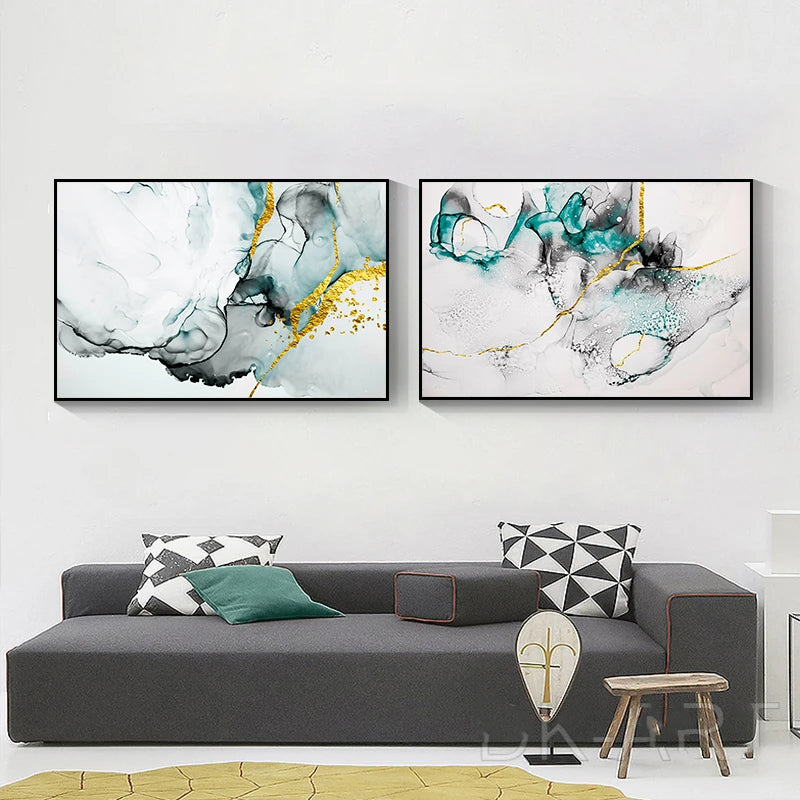 Abstract Grey Jade Green Golden Marble Print Abstract Wall Art Fine Art Canvas Prints Pictures For Modern Living Room Home Office Art Decor