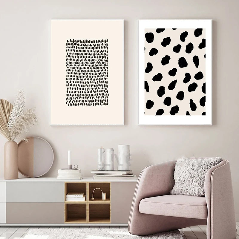 Abstract Minimalist Scandinavian Dot Art Wall Art Fine Art Canvas Prints Shades Of Beige Black Brown Neutral Color Pictures For Modern Living Room Home Decor