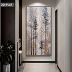 A large vertical wall art piece showing an abstract forest scene with tall dark trees in gray, blue, beige, and muted gold tones, displayed in a modern hallway interior. A small '2D/FLAT' label appears in the top-left corner.