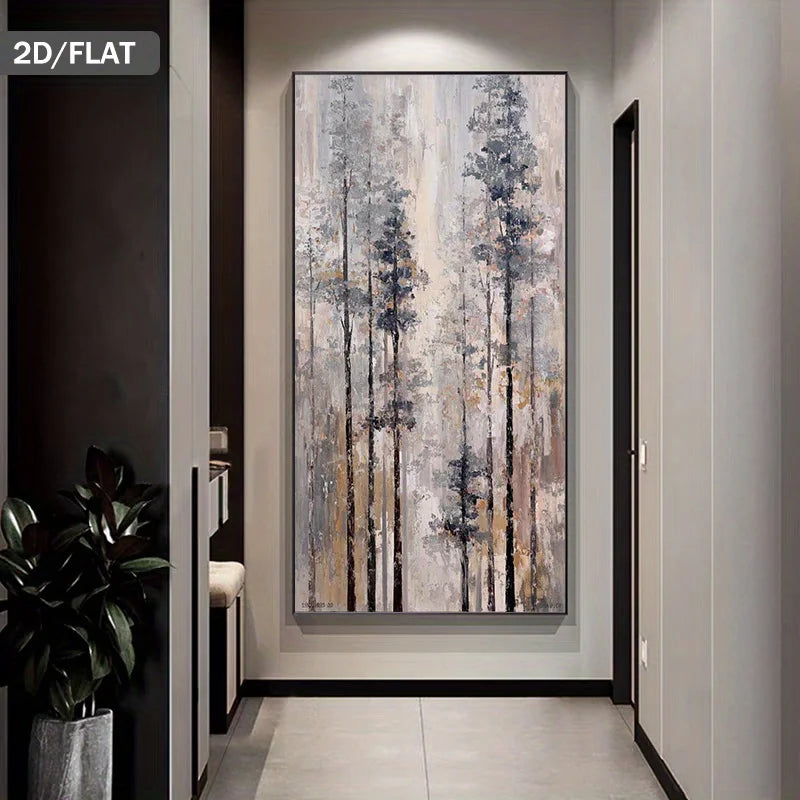 A large vertical wall art piece showing an abstract forest scene with tall dark trees in gray, blue, beige, and muted gold tones, displayed in a modern hallway interior. A small '2D/FLAT' label appears in the top-left corner.