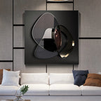 Abstract wall art piece in a modern living room setting