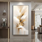 Abstract art piece in a modern living room setting