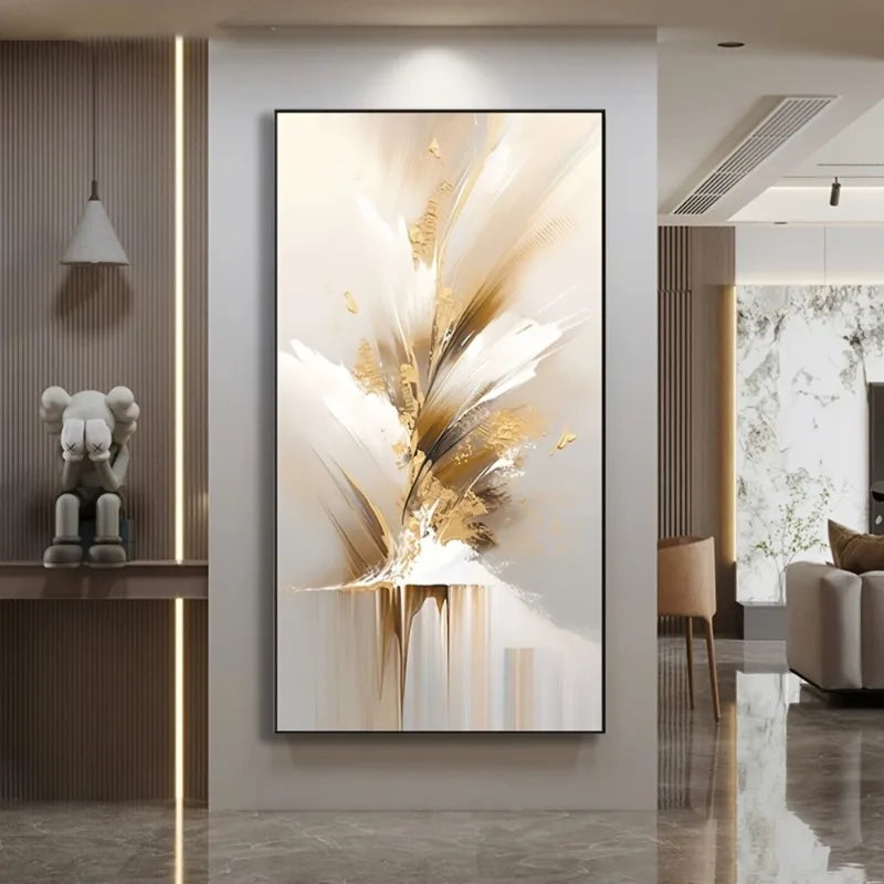 Abstract art piece in a modern living room setting