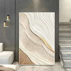 Abstract wall art piece with wavy patterns in a modern interior setting.