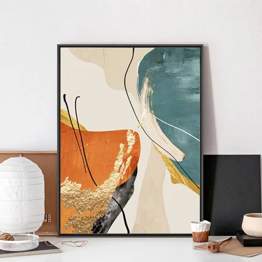 Abstract art print with colorful shapes on a wall in a modern interior setting.