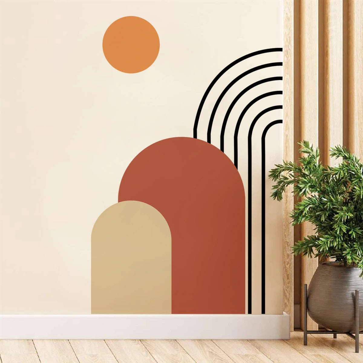 Abstract Rainbow Sun Arch Wall Mural - Orange Beige & Terracotta Vinyl Wall Decal For Living Room, Entranceway, Creative Peel & Stick DIY Home Decor