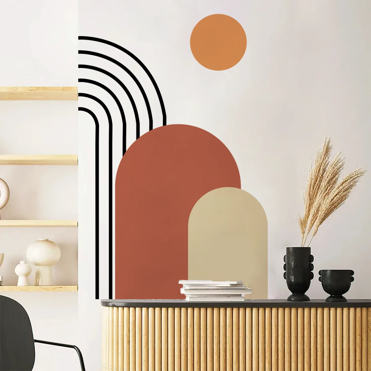 Abstract Rainbow Sun Arch Wall Mural - Orange Beige & Terracotta Vinyl Wall Decal For Living Room, Entranceway, Creative Peel & Stick DIY Home Decor