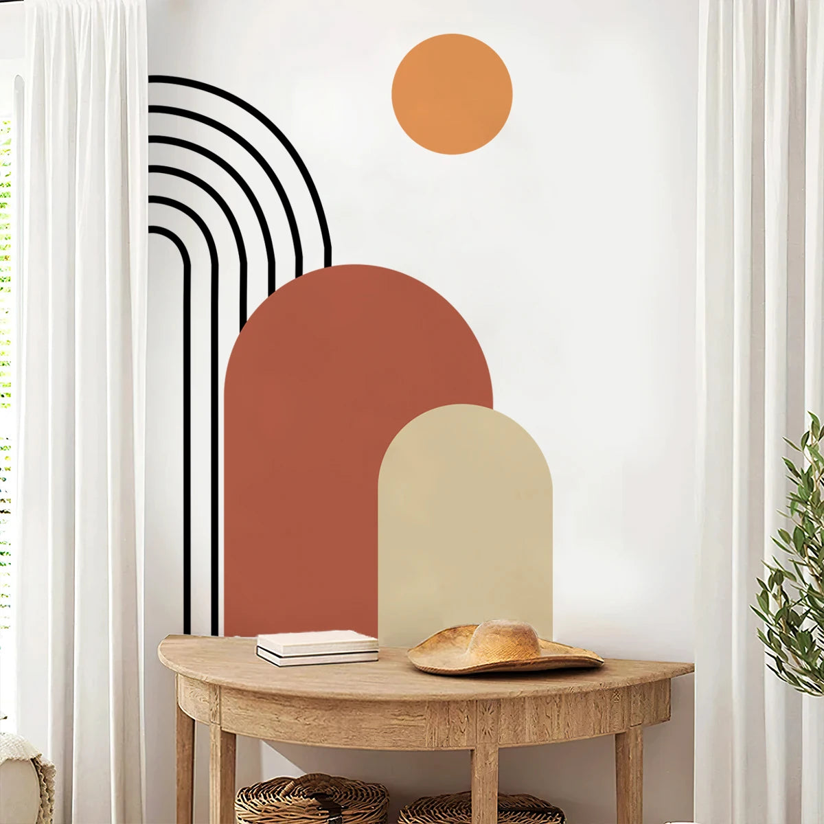 Abstract Rainbow Sun Arch Wall Mural - Orange Beige & Terracotta Vinyl Wall Decal For Living Room, Entranceway, Creative Peel & Stick DIY Home Decor