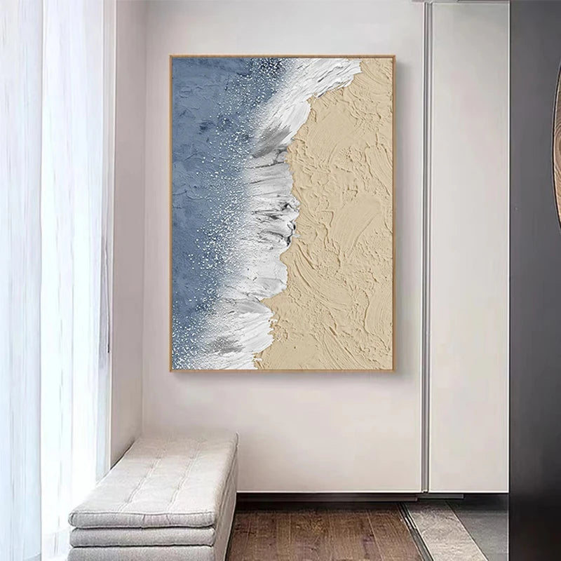 Abstract Sandy Shoreline Wall Art Fine Art Canvas Print Textural Brushstrokes Design Ocean Waves Pictures For Living Room Entrance Hallway Art Decor