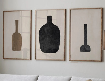 Abstract Still Life Vases Minimalist Wall Art Fine Art Canvas Prints Neutral Tone Black Brown Beige Pictures For Living Room Dining Room Scandinavian Style Home Decor