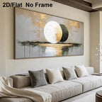 Large framed wall art featuring an abstract moon landscape with two circular moon forms above a reflective water scene, displayed above a beige sofa in a modern living room. Text in the top left reads '2D/Flat No Frame'.