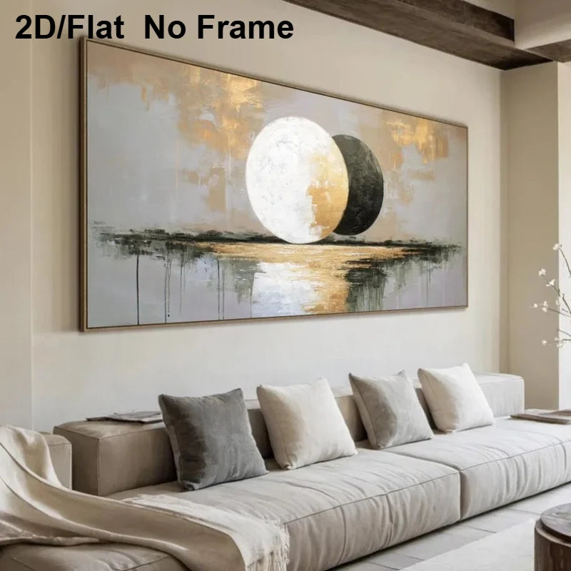Large framed wall art featuring an abstract moon landscape with two circular moon forms above a reflective water scene, displayed above a beige sofa in a modern living room. Text in the top left reads '2D/Flat No Frame'.