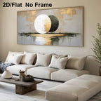 A large rectangular wall art piece with an abstract moon and water scene hangs above a beige sectional sofa in a modern living room. The artwork shows two large moon-like circles in off-white and dark gray over a soft gray, gold, and beige background with reflective water below.