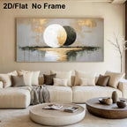 A large framed wall art piece showing two moon phases over a reflective water scene, displayed above a cream sectional sofa in a modern living room. Text in the top left reads '2D/Flat No Frame'.
