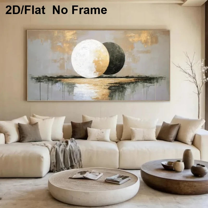 A large framed wall art piece showing two moon phases over a reflective water scene, displayed above a cream sectional sofa in a modern living room. Text in the top left reads '2D/Flat No Frame'.