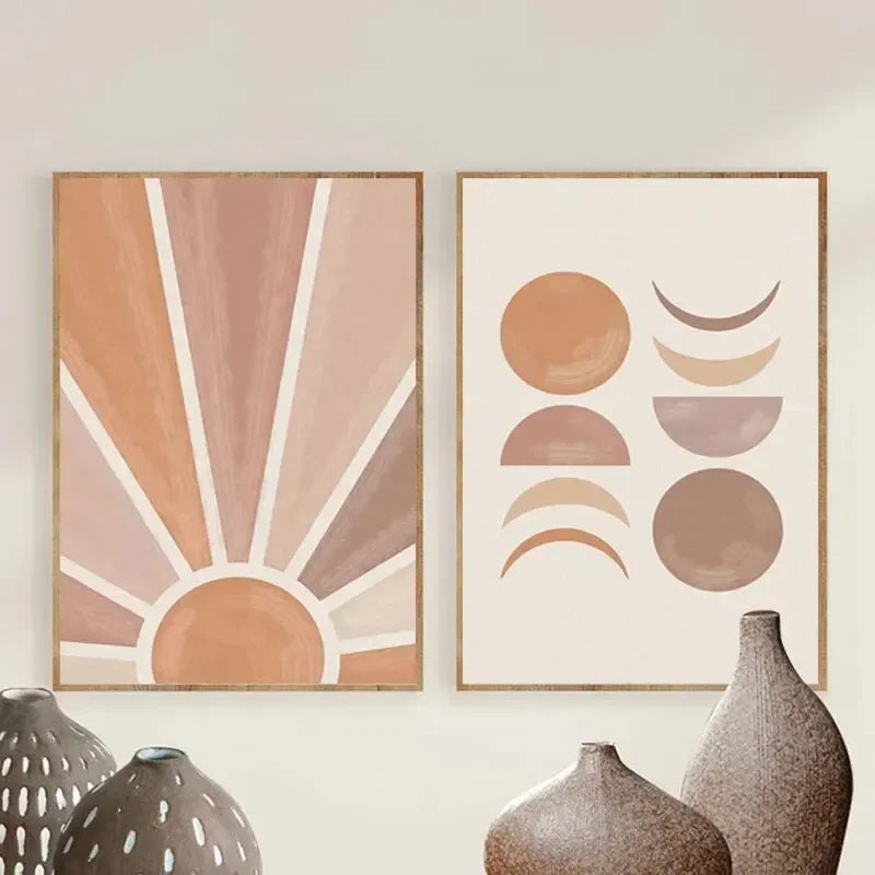 Abstract Terracotta Sun Rays Moon Phases Wall Art Fine Art Canvas Prints Posters Pictures For Modern Living Room Bedroom Art Decor