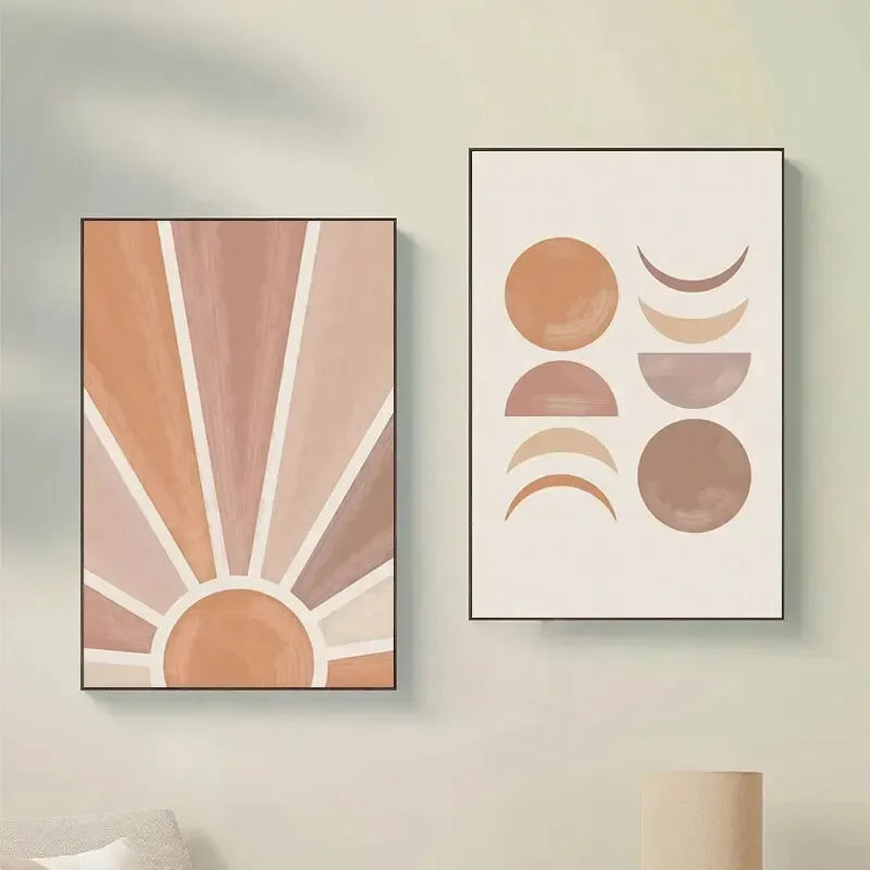 Abstract Terracotta Sun Rays Moon Phases Wall Art Fine Art Canvas Prints Posters Pictures For Modern Living Room Bedroom Art Decor