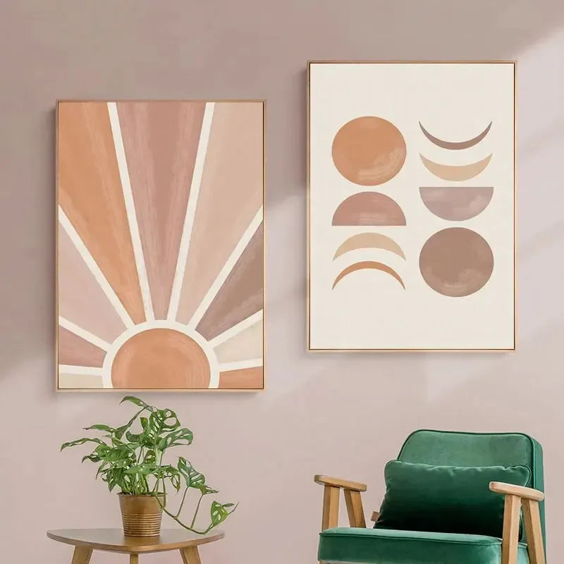 Abstract Terracotta Sun Rays Moon Phases Wall Art Fine Art Canvas Prints Posters Pictures For Modern Living Room Bedroom Art Decor