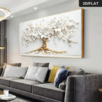Abstract White Blossom Golden Tree of Life Wall Art Fine Art Canvas Print Modern Botanical Artwork For Living Room Art For Above The Sofa