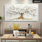 Abstract White Blossom Golden Tree of Life Wall Art Fine Art Canvas Print Modern Botanical Artwork For Living Room Art For Above The Sofa
