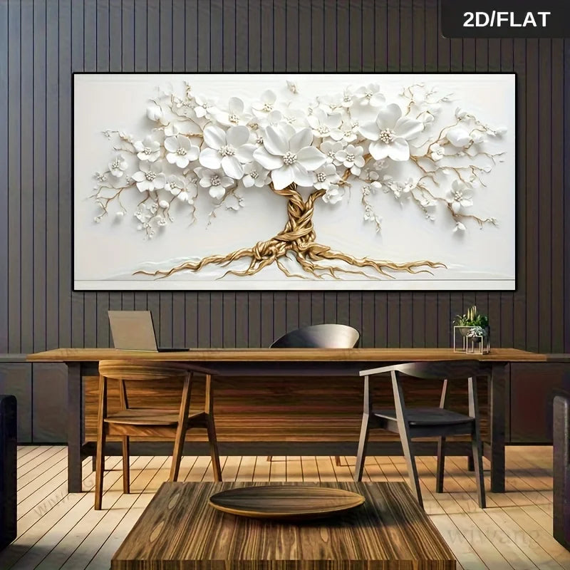 Abstract White Blossom Golden Tree of Life Wall Art Fine Art Canvas Print Modern Botanical Artwork For Living Room Art For Above The Sofa