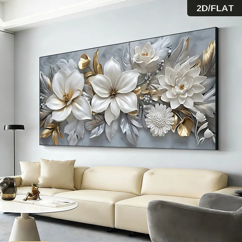 Large wall art showing white and silver floral blossoms with gold accents on a gray background, displayed above a cream sofa in a modern living room.