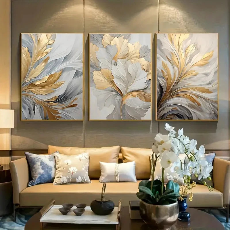 Abstract White Golden Leaves Floral Wall Art Fine Art Canvas Prints Modern Botanical Pictures For Living Room Dining Room Bedroom Art Decor