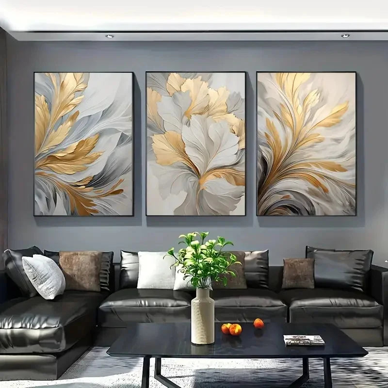 Abstract White Golden Leaves Floral Wall Art Fine Art Canvas Prints Modern Botanical Pictures For Living Room Dining Room Bedroom Art Decor