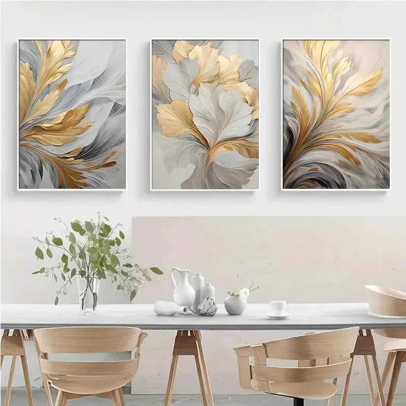 Abstract White Golden Leaves Floral Wall Art Fine Art Canvas Prints Modern Botanical Pictures For Living Room Dining Room Bedroom Art Decor