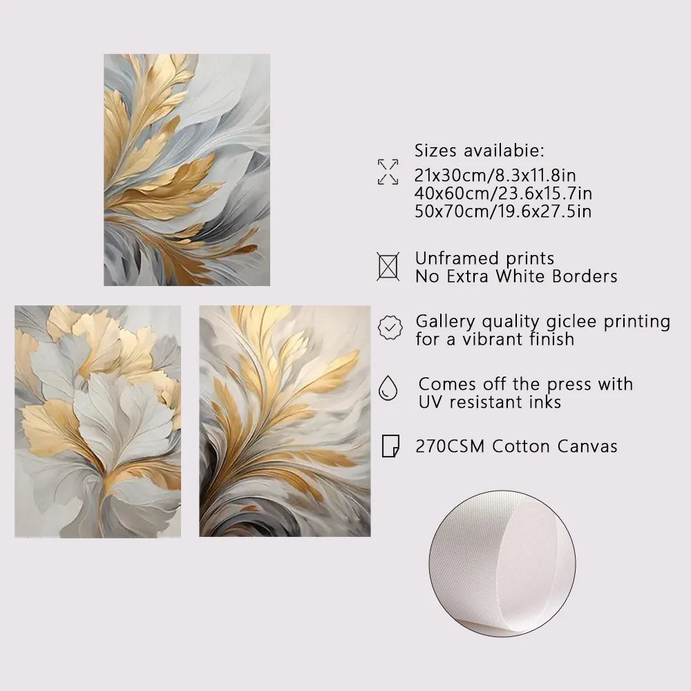 Abstract White Golden Leaves Floral Wall Art Fine Art Canvas Prints Modern Botanical Pictures For Living Room Dining Room Bedroom Art Decor