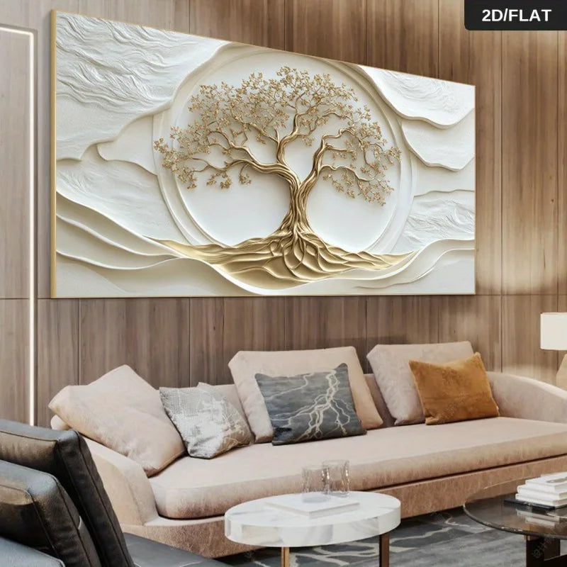 Decorative wall art of a tree with roots on a wooden wall above a beige sofa.
