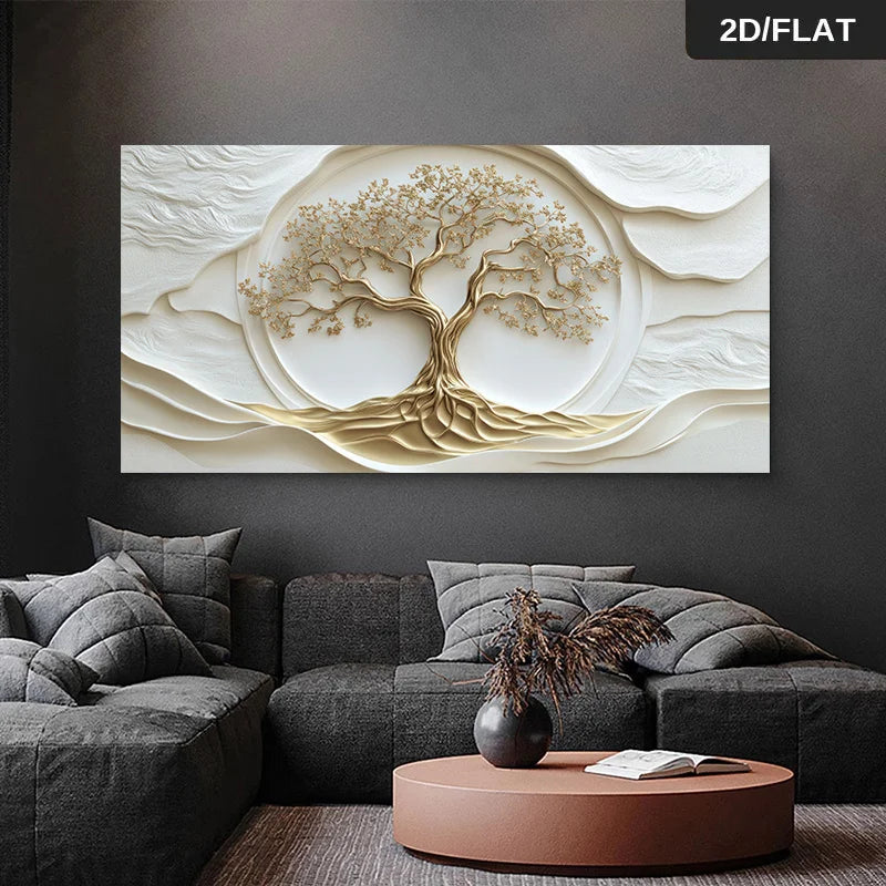 Abstract White Golden Tree of Life Wall Art Fine Art Canvas Print Auspicious Artwork For Modern Apartment Living Room Light Luxury Home Decor