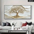Decorative wall art of a tree with abstract patterns in a living room setting.