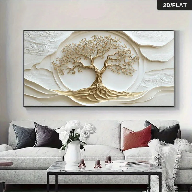 Decorative wall art of a tree with abstract patterns in a living room setting.