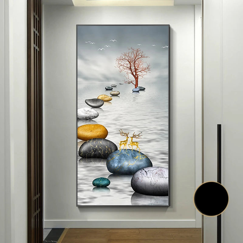Abstract Zen Stone Feng Shui Wall Art Fine Art Canvas Prints Auspicious Wall Art For Living Room Dining Room Contemporary Foyer Art Decor