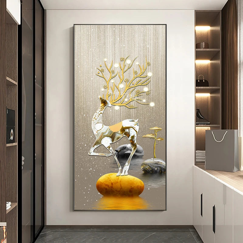 Decorative wall art of a deer with gold and silver elements in a modern interior setting.