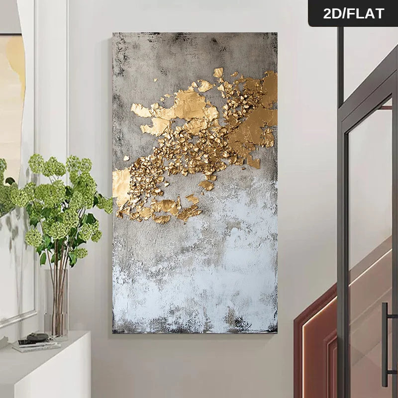 Abstract art piece with gold leaf on a textured gray background in a room setting.