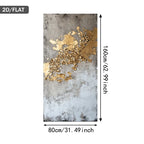 Abstract art piece with gold leaf on a textured surface, shown with dimensions.