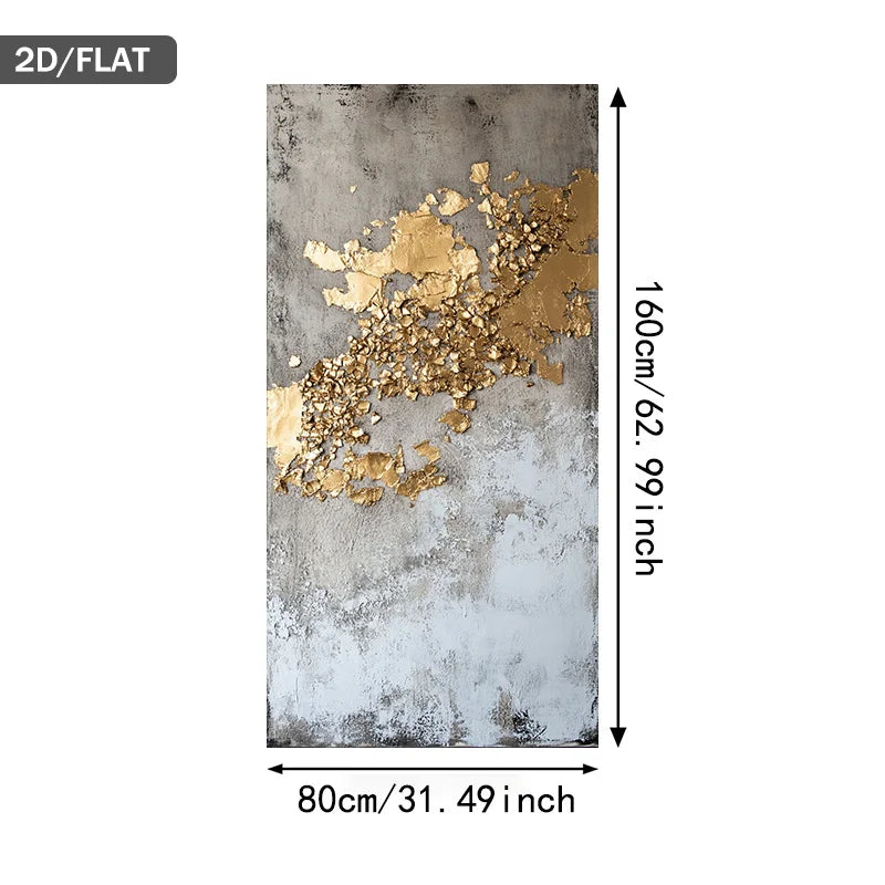 Abstract art piece with gold leaf on a textured surface, shown with dimensions.