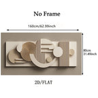 Abstract wall art with geometric shapes on a beige background, dimensions displayed.